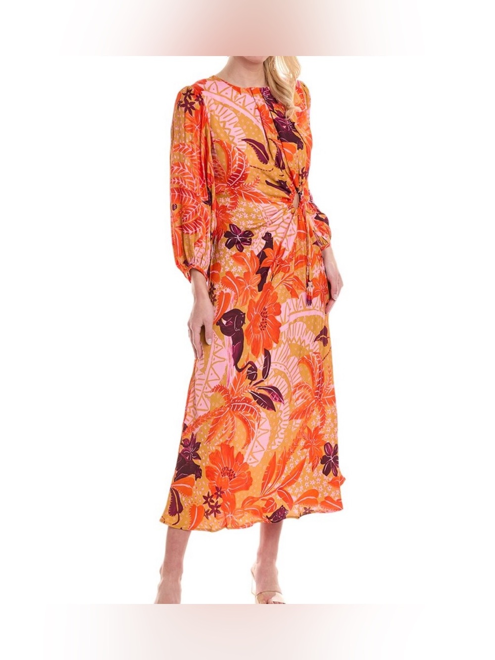 FARM Rio Floral Tie-Waist Maxi Dress in Mustard, Coral & Pink